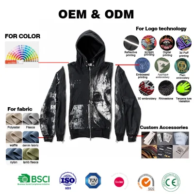 Direct Custom Garment Manufacturer Removable Detachable Zip up Streetwear Dgt Print Hoodies Support Quick Turnaround Factory