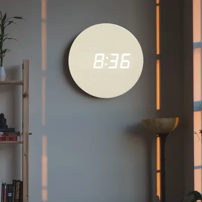 EMAF Office Modern Home Decor Led Light 12/24H Japan Style Led Digital Wooden Wall Watch Electric Wall Clock for Living Room