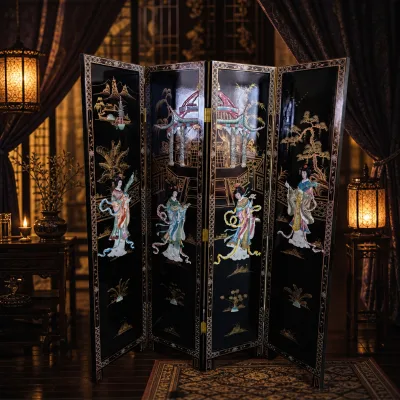 Artisan Black Lacquer Folding Divider with Traditional Chinese Art Shell Inlay