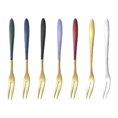 Customized Luxury Gold Colorful Handle Mini Fruit Fork Set Stainless Steel 304 Reusable Dessert Cake Fruit Fork for Gift