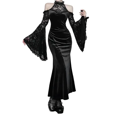 Halloween Witch Dress for Women Elegant Evening Party Dress With Lace Splicing Sexy Slim Fit Plus Size for Cosplay