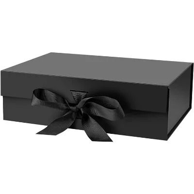 Wholesale Handmade Black Folders Gift Box Satin Bow Embossed Custom Logo Luxury Paperboard Packaging for Jewelry Watch Perfume