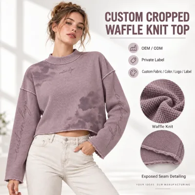 OEM Women Tee Waffle Knit Tonal Print Exposed Overlock Seams Cropped Long Sleeve Crew Neck Casual Streetwear T Shirt