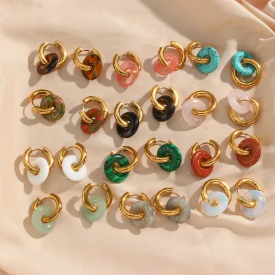 Dreamshow Jewelry Chunky Zircon Paved Natural Stone Hoop Earring Set Jade Earring Jewelry