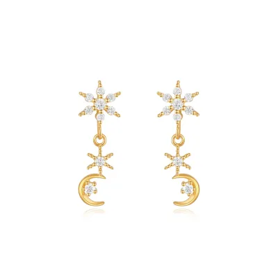 Elegant Jewelry Women Sterling Silver Gold Earrings Long Chain Drop Earring Cubic Zircon Crystal Star Moon Earring