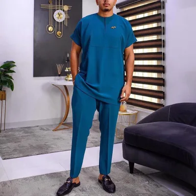 High Quality African Ethnic Men's Suit Solid Color 2-Piece Set with Short Sleeve Shirt  Pants  Casual Travel Plus Size