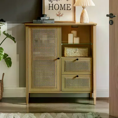 Modern Sideboard Buffet Cabinet with 2 Doors and Adjustable Shelf for Living Room Kitchen Hallway Rattan Storage Cabinet