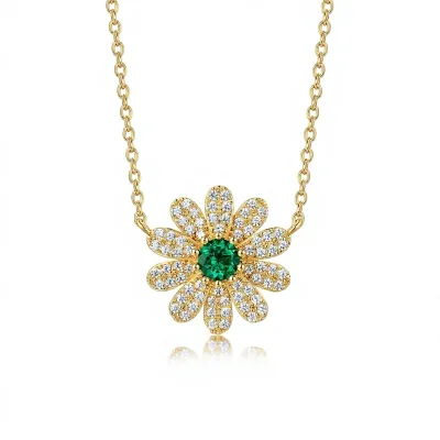 Daisy Flower Emerald Pendant Necklace Gold Link Chain Floral Jewelry for Women Gift