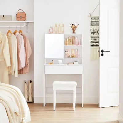 1 Drawer Mirror Cabinet 2 Adjustable Shelves White Spacious Chipboard for Bedroom Vanity Dressing Home Use Make up Table