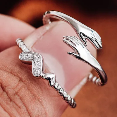 Minimalist 925 Sterling Silver Fashion Rings with Handmade Fashionable Personality Minimalist Heart Hand Opening Ring Couple Set