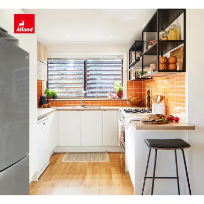 AllandCabinet Custom Modern Mini Kitchen Cabinets Design Lacquer Matte U Shape 2 Pac Flat Door Panel and Solid Wood Counter Top