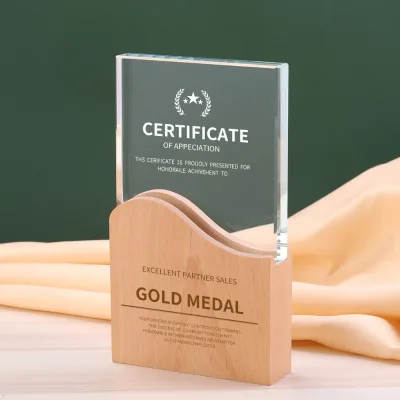 Transparent Wooden Base Crystal Trophy Employee Commemorative Gifts Customized Engraving Creative Wooden Trophy