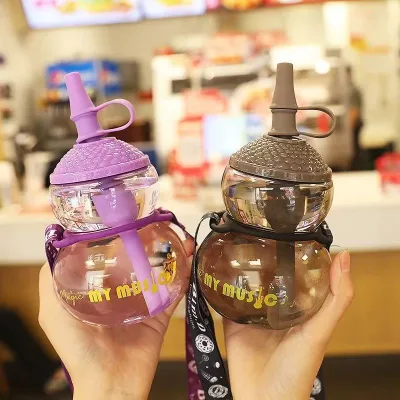 Creative Gourd Cup for Students Cartoon Straw Cup with Strap Summer Plastic Cup