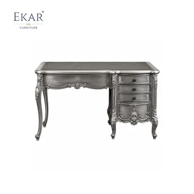 Silver Regent Rococo Writing Desk | Luxury French Classical Antiqued Pewter Executive Desk - EKAR