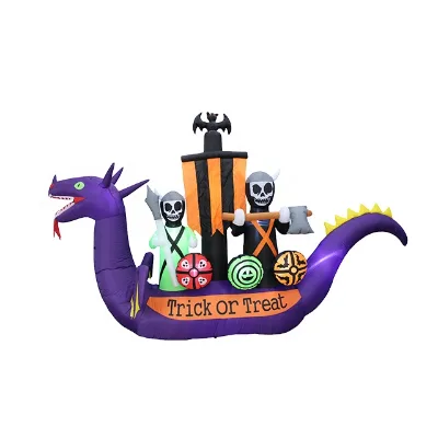 Hot Selling 330cm Inflatable Dragon Boat with Pirate Skeleton Weapon for Halloween Outdoor Garden Decorative Purpose