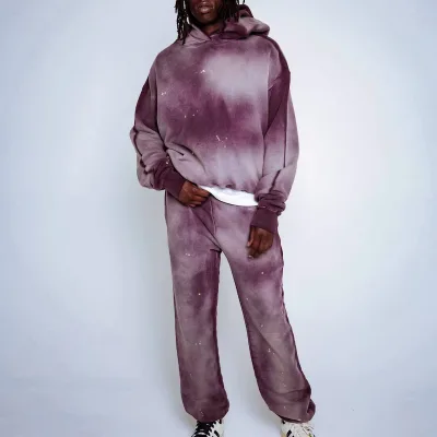Custom Streetwear Plus Size Tracksuits Comfortable Acid Wash Distressed Hoodie Set Faded Drop Shoulder Grey Casual Tracksuit