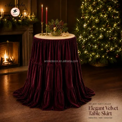 ANNIELU Burgundy Velvet Table Skirt Round Triple Ruffle for Christmas Holiday Party Event Decoration Custom Size