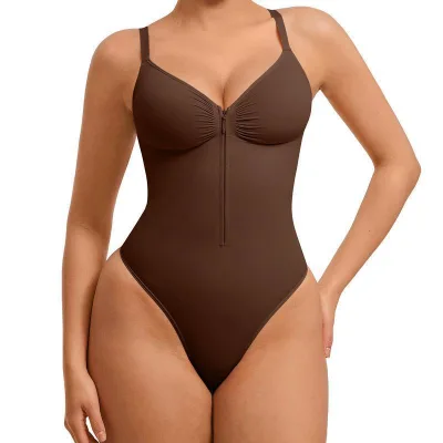 Zip Front Tummy Control Shapewear Women V Neck Adjustable Slimming Waist Trainer Seamless Sculpting Bodysuit