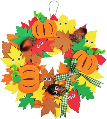 DIY Thanksgiving Pumpkin Leaf Wreath Kit, Fall Autumn Door Decoration Craft Set, Harvest Festival Home Ornament for Kids