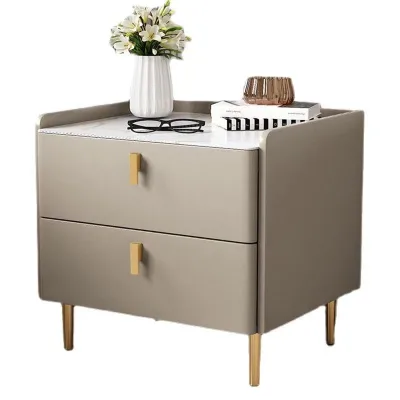 Modern Light Luxury High-End Solid Wood Bedside Table Simple Small Nightstand with Storage Cabinet Rock Board Bedroom Furniture