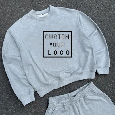 OEM Custom Your Logo Embroidery Heavyweight Crewneck Sweatshirt Pullover Unisex Streetwear Matching Sweatpants/Shorts Set