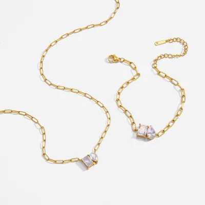 Trendy Luxury 18K Gold Plate Stainless Steel White Zircon Necklace and Bracelet Set High-End Colorfast Jewelry Set for Women