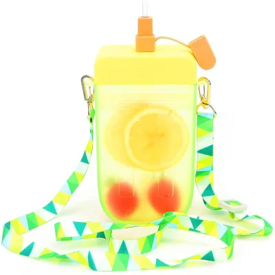 Cartoon Popsicle Design 10oz Food-Grade Silicone Sealed Leak-Proof Design Adjustable Shoulder Strap Kid Silicone Water Bottle