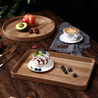 Japanese Deep Dish Plastic Tea Tray Rectangular Teak Pattern Wood Tray for Living Room Household Plate Melamine Drain Cup