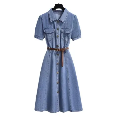 Mid Length Denim Dress Women's Summer Waist Collection Casual Dress with Belt