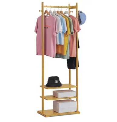 Free Standing Bamboo Garment Rack Cloth Rack  3 Tiers Clothes Racks Clothing Storage Shelving