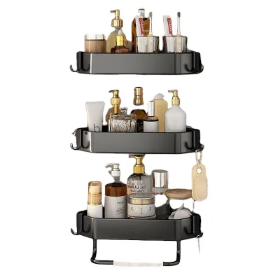 Classic Plastic Single Tier Bathroom Wall-mounted Storage Rack with Adhesive Hooks Shelf Basket for Washroom and Kitchen