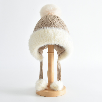 CUSTOM LOGO Kids' Beige Snowflake Knit Faux Fur Trapper Hat with Pom-Poms Kids' Hat