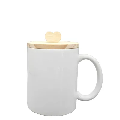 11oz White  Mug  with Wood Lid , Heart Shape Wood Lid  ,