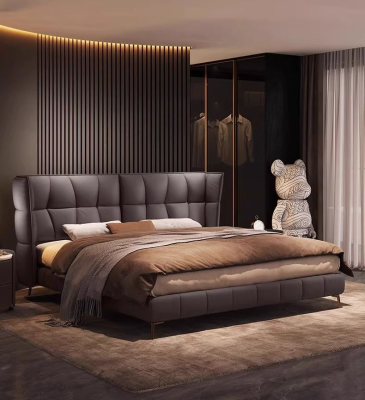 Modern Genuine Top Leather High Back Bed Design Italian Queen Leather Bedroom Beds