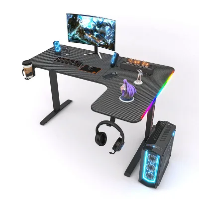 Gaming Desk with Power Outlet Led L-Shaped Computer Desk