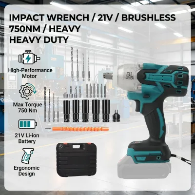 Boliu Industrial Impact Wrench Heavy Duty Cordless Battery-Powered 21V Lithium-Ion Brushless 1/2in Drive 750Nm Max Torque 900W