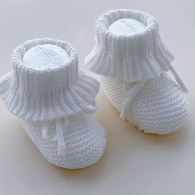 Handknit Organic Cotton Ruffle Baby Booties Soft Sole Newborn Slippers