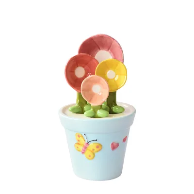 Cute Ceramic Measuring Spoons with Base 5Pcs Flower Pot Measuring Spoon Baking Set for Kitchen