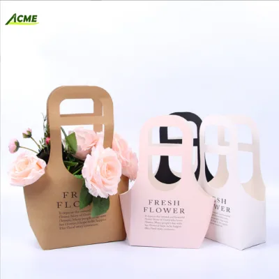 Kraft Paper Foldable Portable Flower Box Fashionable Packaging for Flowers Simplicity-Styled Portable Flower Basket Bag