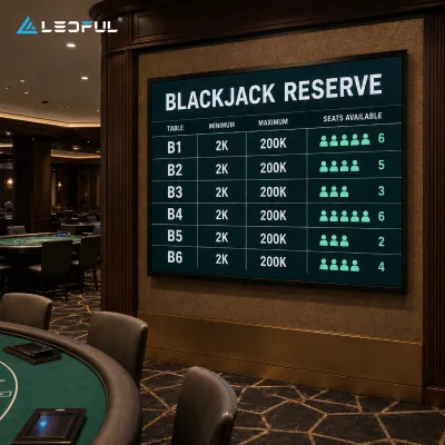 Ultrawide LED Table Information Wall P1.86 for High Limit Blackjack Room with seamless splicing and HDR color Fixed Installation