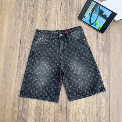 Men's Summer Black All Over Printed Jacquard Denim Shorts Designed with a Washed Straight Leg Mid Length Style