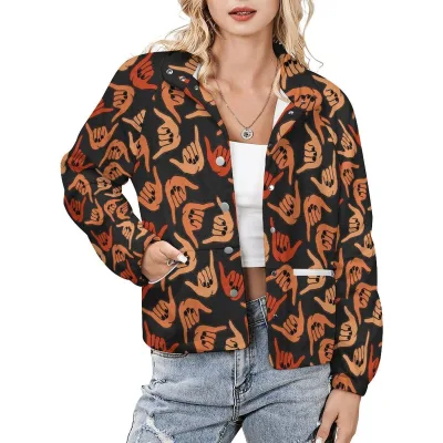 Print on Demand Hang Loose Design Stand Collar Plush Jacket with Bottom Customization Fashion Sense of Design Jacket for Women