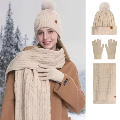 High-quality Jacquard Three-piece Set of Practical Autumn and Winter Scarves Hats and Gloves