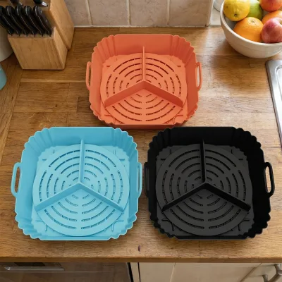 New Air Fryer Silicone Baking Tray Oven Handle Square Rectangular Mold Built-in Three-Point Partition