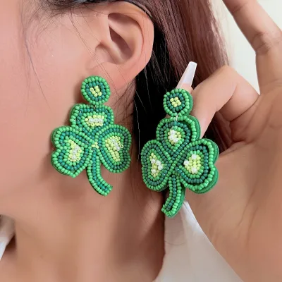 Handmade Embroidered Shamrock Drop Earrings Green Clover Earrings for Women St Patrick Day Party Gift