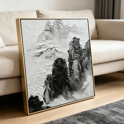 100% Hand-painted Modern Abstract Mountain Oil Painting Heavy Texture 3D Wall Art Black and White Canvas for Living Room Decor