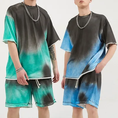Custom High-Street Men's Clothing Summer Two-Piece Sets Tie-Dye Design With Burr Edge Fashionable Tracksuits