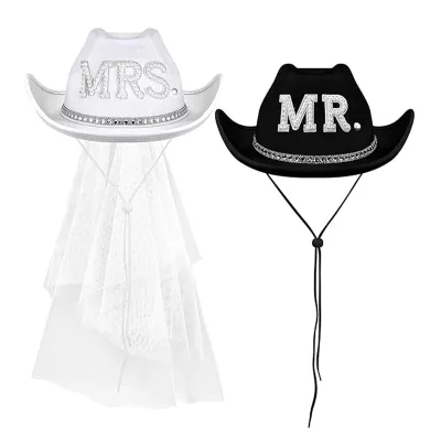 Mr. Groom Bride Wedding Rhinestone Cowboy Hat Western Bridal Lady Sequin Veil Cowgirl Hats