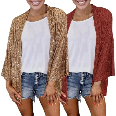 Plus Size Womens Sequin Jackets Glitter Kimono Cardigan Loose Shiny Tops Party Blazer Sparkling Coat Female Jacket