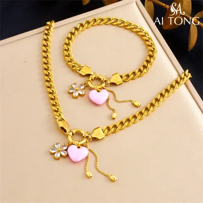 Fashion Retro 18K Gold Plated Flower pink love Heart Pendant Thick Chain Tassel Statement Women's Jewelry Sets for Daily Wear